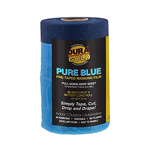 Dura-Gold 22" Wide x 65' Long Roll of Pure Blue Pre-Taped Masking Film, 0.4 Mil Pre-Folded Overspray Paintable Plastic Protective Sheeting, Pull Down Drop Sheet - Auto Painting, Cover Walls Furniture - size: 22 inchx 65'