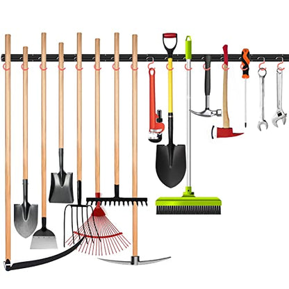 WALMANN All Metal 64 Inch Wall Mount Garden Tool Organizer for Garage, Mop and Broom Holder, Yard Tool Storage Rack for Rake, Shovel, Spade, Mop, Broom(4 Rails, 16 Hooks)