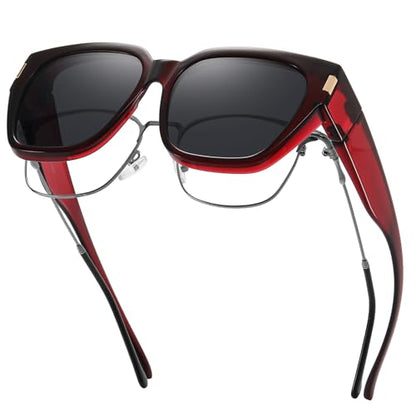 HAOLOTA Polarized Fit Over Glasses Sunglasses for Women Men Trendy Square Wrap Around Shades UV Protection - color: L Size 05 Wine Red/Grey
