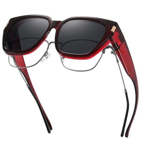 HAOLOTA Polarized Fit Over Glasses Sunglasses for Women Men Trendy Square Wrap Around Shades UV Protection - color: L Size 05 Wine Red/Grey