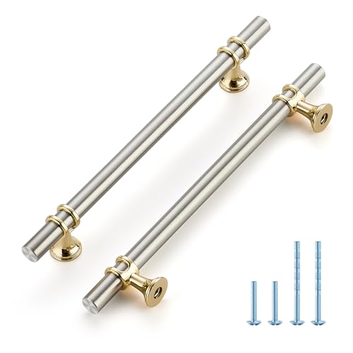 HOME EDIT Brushed Nickel and Brushed Brass Cabinet Handles, 6-1/4 Inch Hole Center Modern T-Bar Drawer Pulls, Decorative Hardware for Cabinets, Dressers, and Drawers, 10 Pack - color: Brushed Brass and Brushed Nickel, size: 6-1/4 Inch Hole Center