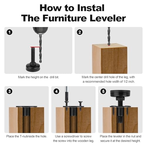 FivePears Heavy Duty Adjustable Furniture Levelers, 2640Lbs Max Support of 8pcs, Furniture Leveling Feet for Sofas, Cabinets, Tables, Chairs, Workbench, 3/8”-16 Thread T-Nut Kit, Black