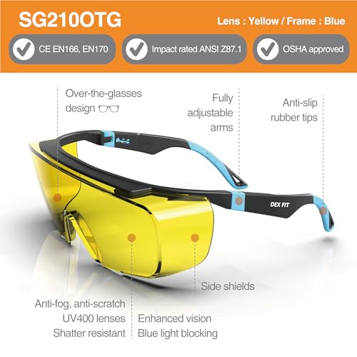DEX FIT Safety Glasses Over Eyeglasses SG210 - Yellow Lens, Blue Light Blocking, Night Vision, Anti-Fog, UV 400 Protection, Z87.1 Certified, Adjustable Temples for Men & Women; Black & Blue, 1 PC - color: Black/Blue - Yellow, size: 1 PC