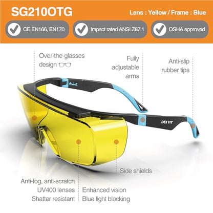 DEX FIT Safety Glasses Over Eyeglasses SG210 - Yellow Lens, Blue Light Blocking, Night Vision, Anti-Fog, UV 400 Protection, Z87.1 Certified, Adjustable Temples for Men & Women; Black & Blue, 1 PC - color: Black/Blue - Yellow, size: 1 PC