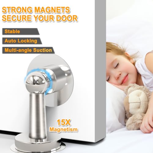 6 Pack Magnetic Door Stopper, COCIVIVRE Magnet Door Stop Stainless Steel for Wall and Floor Mounting, No Drilling Doorstop with Adhesive Tape Hold Your Door Open, Silver - style: No Drill-6 packs