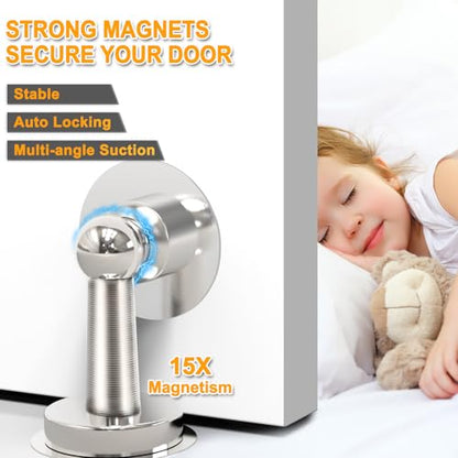 6 Pack Magnetic Door Stopper, COCIVIVRE Magnet Door Stop Stainless Steel for Wall and Floor Mounting, No Drilling Doorstop with Adhesive Tape Hold Your Door Open, Silver - style: No Drill-6 packs