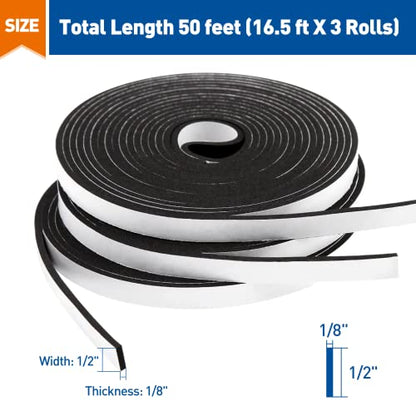 MAGZO Weather Stripping Door Seal, 1/2 Inch Wide X 1/8 Inch Thick Adhesive Foam Tape Soundproof Weatherstripping for Windows, 3 Rolls Total 50FT Black - size: 1/2in * 1/8in * 50FT