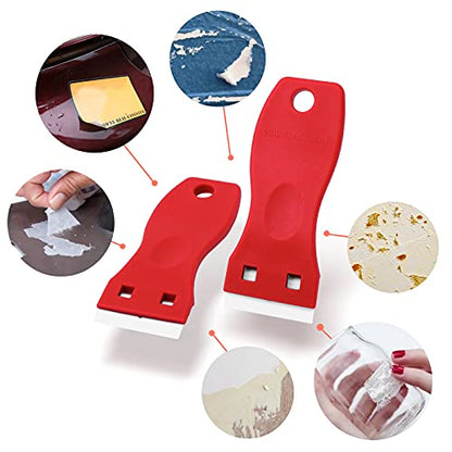 FOSHIO 2PCS Plastic Razor Blade Scraper Tool and 100PCS Plastic Blades for Gasket Remover, Sticker Remover, Labels Decal and Adhesive Remover for Windows and Glass (Red) - color: Red