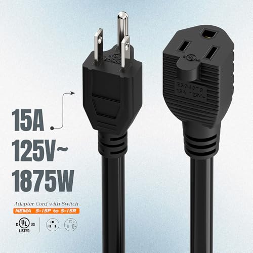 Inline On/Off Switch Extension Cord, Plugrand 3-Prong Household Switchable Power Cords, Heavy Duty 15A 125V, Double Break Switch Extension Cable, 40CM Cord