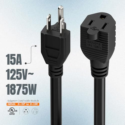 Inline On/Off Switch Extension Cord, Plugrand 3-Prong Household Switchable Power Cords, Heavy Duty 15A 125V, Double Break Switch Extension Cable, 40CM Cord