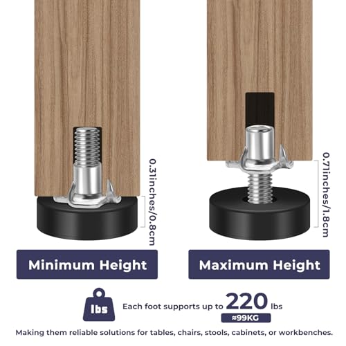 Adjustable Furniture Leveling Feet 12 Packs 1/4 Inch Threaded Table Feet Levelers Kit with 12 Claw Nail Nuts for Table Desk Chair Stool Cabinet (12)