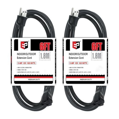 EP 2 Pack 6FT Black Outdoor Extension Cord, 16/3 SJTW Heavy Duty Waterproof, 3 Prong Grounded Plug, 13A 1625W 16AWG, Cold-Resistant Flexible Power Cable for Garden, Home, Christmas Lights - color: Black, size: 6ft-2PK