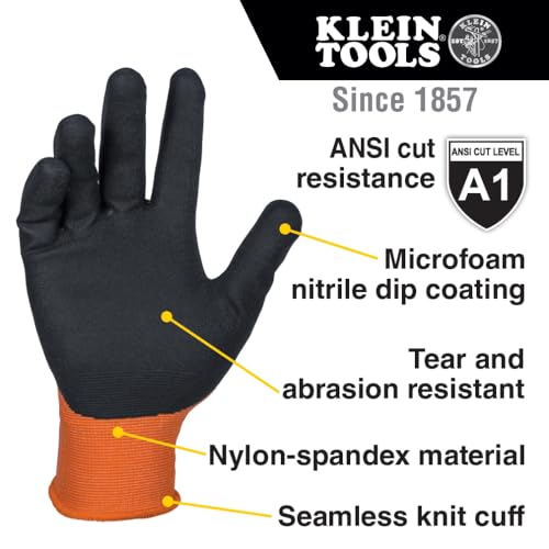 KLEIN TOOLS 60579 Work Gloves, Knit Dipped Cut Resistant ANSI A1 Nitrile Coated Gloves, Nylon-Spandex, Touchscreen Capable, Small, 2-Pair - size: Small, style: 2-pair Pack