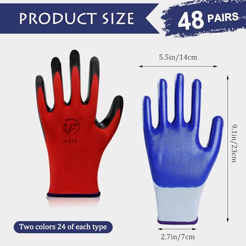 48 Pairs Work Gloves Bulk, Nitrile Coated Gardening Gloves with Grip, Breathable Safety Gloves for Men & Women, Mechanic, Warehouse, Yard Work (24 Blue, 24 Red)
