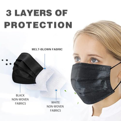 DC-BEAUTIFUL 100 Pieces Black Disposable Face Masks, Non Woven 3ply Earloop Disposable Masks, Fit for Adults - color: Black