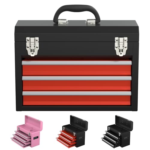 3 Drawers small Tool Box, Portable 3 Drawer Steel Tool Box with Locking System toolbox organization with Liner for Tools Storage (BlackRed) - color: BlackRed