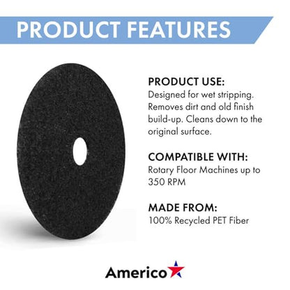 Americo Black Strip Stripping Floor Pad, 16" Diameter, 3.25" Center Hole, 5 Pads/Case, Made of 100% Recycled Content, USA Made - size: 16"