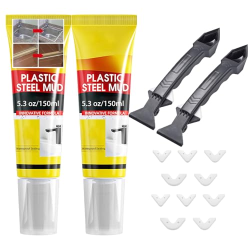 XIRUJNFD 10.6 Oz Multifunctional Waterproof White Caulk with Scraper, Plastic Steel Repair Adhesive for Kitchen Bathroom, Stronger Adhesion Sealant for Window Toilet Sink, Quick-Drying (2 Sets) - color: 2 Sets