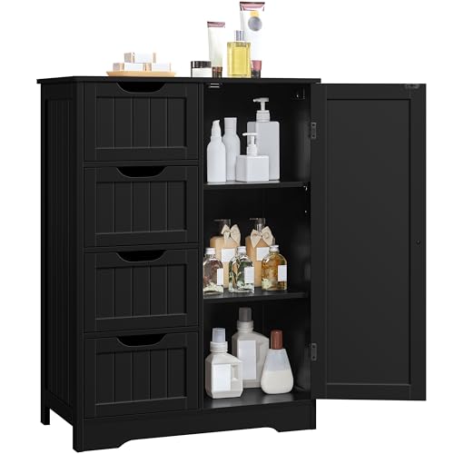 Yaheetech Wooden Storage Cabinet, Bathroom Storage Organizer with 4 Drawers & 1 Cupboard, Freestanding Cabinet Table for Bathroom, Entrance Area, Kitchen, Black - color: Black, size: 26 x 14 x 35.5 In (LxWxH)