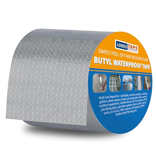 ADHES Butyl Tape Waterproof Tape, 4in x 16ft, Aluminum Foil Tape Butyl Sealant Tape for RV Repair, Window, Boat and Pipe Sealing, Glass & EDPM Rubber Roof Patching(Model:RA100-1,Glue Color:White) - color: Silver, size: 4 inches x 16 feet