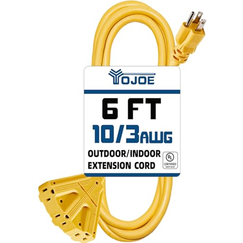 YOJOE 3-Outlets Indoor Outdoor Extension Cord, 3 Prong 15A Weatherproof Power Cord Multiple Outlets, 10 Gauge Heavy Duty 6 ft Yellow Extension Cord for Garage, Garden, 10/3 SJTW UL Listed - color: Yellow, size: 6 Foot, style: 3-Outlets
