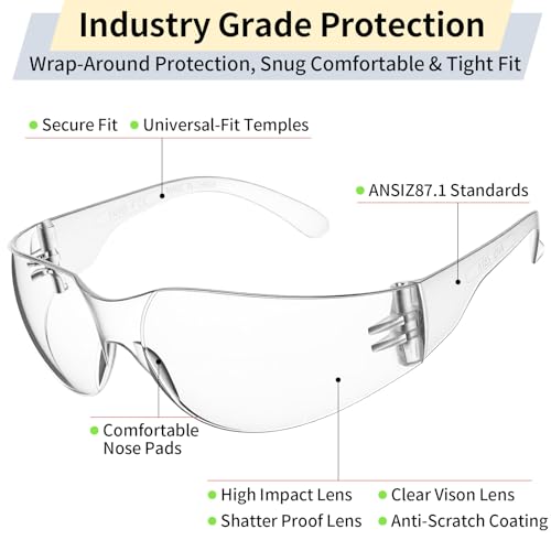 10 Pack Clear Safety Glasses for Men Women, ANSI Z87.1 Certified Scratch & Impact Resistant Wrap Around Lens - color: Clear