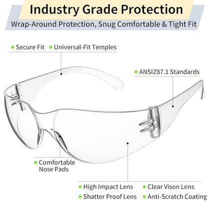 10 Pack Clear Safety Glasses for Men Women, ANSI Z87.1 Certified Scratch & Impact Resistant Wrap Around Lens - color: Clear