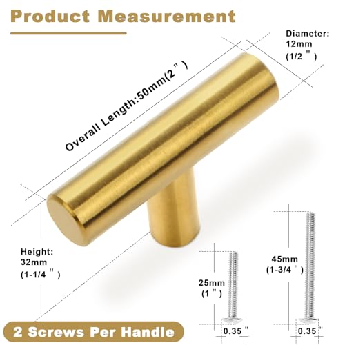 Estmoon 30 Pack Brushed Brass Cabinet Knobs Gold Drawer Pulls Stainless Steel Brushed Gold Dresser Knobs for Cabinets Cupboard Bathroom Kitchen Hardware, Single Hole T Bar Pulls, 2in Overall Length - color: Brushed Brass, size: 1 Hole Mount, style: Knob 3