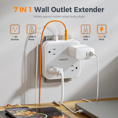 TESSAN Multi Plug Outlet Extender, Surge Protector Splitter with 3 USB (1 USB C Port) Wall Charger, Multiple Expander for Travel, Home, College Dorm Room - style: 1 USB C