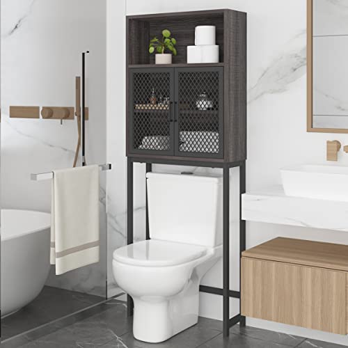 Launica Over The Toilet Storage Cabinet, Industrial Bathroom Organizer Above Toilet, Bathrooms Space Saver Stand with Shelf, Wood and Metal Freestanding Bathrooms Rack Behind The Toilet, Dark Gray Oak - color: Dark Gray Oak