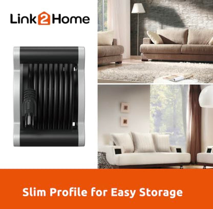 Link2Home Cord Reel 30 ft. Extension Cord 3 Power Outlets, 2 USB Ports A/C, 2.4A Fast Charge – 16 AWG SJT Cable.