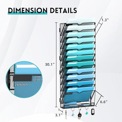 13 Tier Wall File Organizer - Hanging File Organizer with 5 Hooks, Mail Holder Wall Mounted for Papers, Folders, Magazines, Bills, Office&School Organization, Black - size: 13 Tier-Black