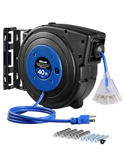 Retractable Extension Cord Reel, 40 FT Heavy Duty Power Cord, 12AWG/3C SJTOW, 3 Grounded Outlets Lighted Triple Tap, 15 Amp Circuit Breaker, UL Listed, Blue U40CR06 - color: Blue