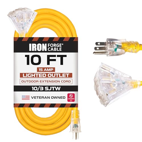 Iron Forge Cable 10 Gauge 10ft Lighted Outdoor Heavy Duty Extension Cord with 3 Outlets - 15 Amp 10/3 SJTW Yellow Extension Cord with Multiple Outlets - color: Yellow, size: 10 Foot