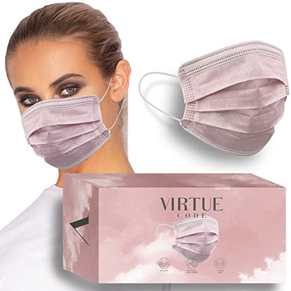 VIRTUE CODE On The Go Curved Face Masks - Soft 3 Ply Comfort 50 Disposable Face Masks - color: Pink