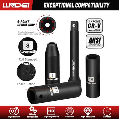 LLNDEI 1/2" Dr. Ratchet Impact Socket Wrench Set,Deep Sockets(8-24mm),Spark Plug Socket(16,21mm),49PCS, CR-V, Metric, With Combination Wrenches (8-17mm) - size: 49-piece 1/2" Drive Socket Set