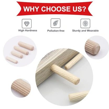 smseace Wooden Dowel Pins with Tapered End with Bevel Angle Groove Wood Pegs - 9 Sizes 6/25inch 5/16inch 3/8inch(6mm, 8mm, 10mm) Used for Crafts, Furniture, Door, DIY - size: 200Pcs Twill Wood Pin - 9 Sizes