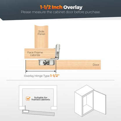 10 Pack (5 Pairs) 1-1/2" Overlay Soft Close Cabinet Hinges, Satin Nickel Stainless Steel Concealed Hinges with 3D Self-Closing for Face Frame Doors & Kitchens - size: 1-1/2 inch Overlay