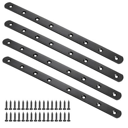 12" Flat Mending Plate 4Pcs Flat Straight Braces Stainless Steel Straight Brackets, Repair Fixing Bracket Connector, Mending Joining Plates with Screws, Black