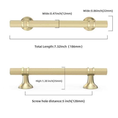 10 Pack 5 Inch Cabinet Pulls knurled Brushed Gold Kitchen Cabinet Handles Aluminum and Zinc Alloy Drawer Pulls Solid Cabinet Hardware - color: Brushed Gold Knurled, size: 5'' Hole Center(128mm)