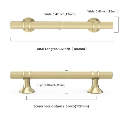 10 Pack 5 Inch Cabinet Pulls knurled Brushed Gold Kitchen Cabinet Handles Aluminum and Zinc Alloy Drawer Pulls Solid Cabinet Hardware - color: Brushed Gold Knurled, size: 5'' Hole Center(128mm)
