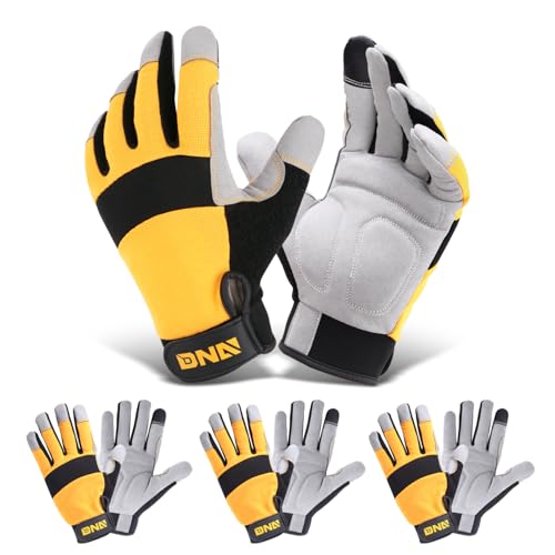 DNA MOTORING 4pair Multi-Purpose Utility Machanic Gloves, Flexible Breathable Touch Screen Performance Padded Knuckles Palm Work Gloves, Yellow/Gray, TOOLS-00584 - color: Yellow-4pair
