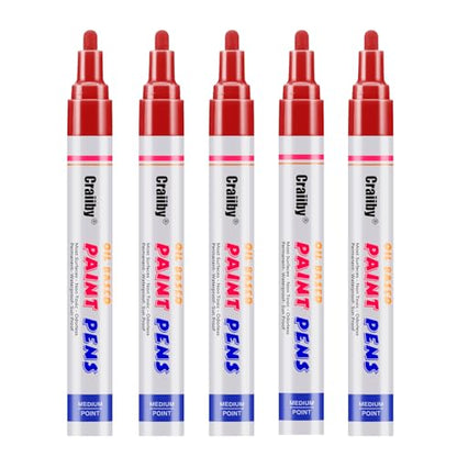 Red Paint Markers, 5 Pack Oil-Based Waterproof Quick Dry Permanent Paint Pen Set for Rocks Painting, Wood, Fabric, Plastic, Canvas, Glass, Mugs, Metal, Tire, Stone, DIY Craft - color: Red