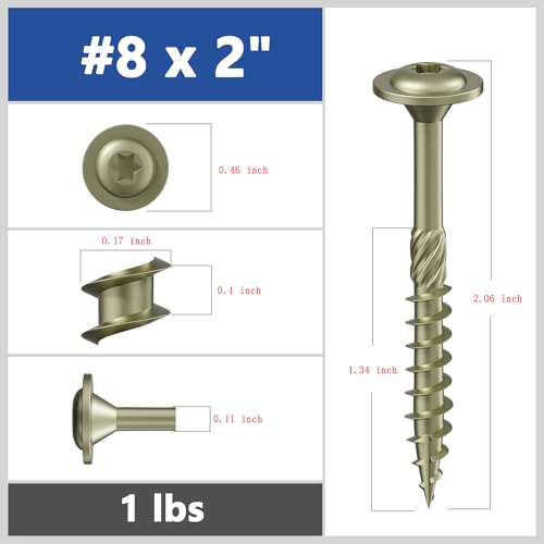 Wensilon (1 lbs)#8 x 2 Yellow Lag Screws, Structural Wood Screw, Heavy Duty Construction Screw, Rust Resistant, Washer Head, Black Coated Exterior Wood Screws, Star Drive with Bit - color: Yellow, size: #8 x 2"