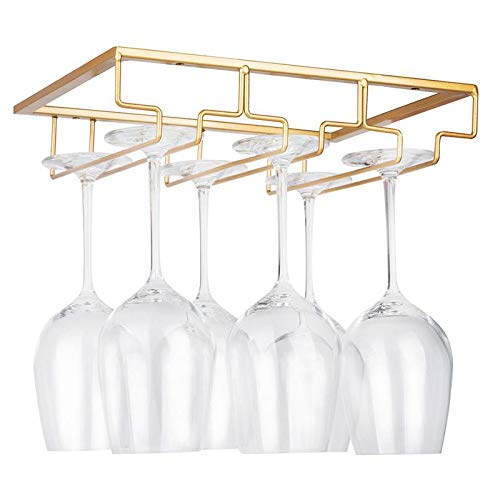 FOMANSH Wine Glass Rack - Under Cabinet Stemware Wine Glass Holder Glasses Storage Hanger Metal Organizer for Bar Kitchen Gold - color: Gold, size: 3 Rows 1 Pack