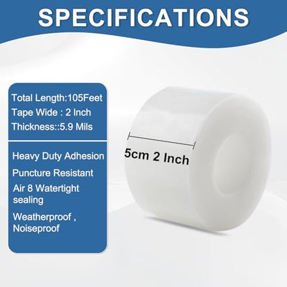 Transparent Window Weather Sealing Tape 2IN x 35 yd Draft Isolation No Residue Removable Adhesive Waterproof Windows Doors Shower Glass AC Units Ideal for Winter Seal & Summer Cold Air Loss Prevention - size: 2 In x 105 FT
