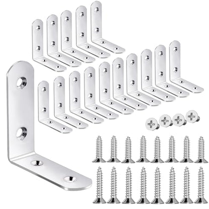 18-Pack L Shape Corner Brackets, Stainless Steel Metal Angle Braces for Wood Furniture, Heavy Duty Black 2 inch Shelf Bracket with Long Screws for Household Project (L Shape Silver) - style: 2inch L Shape Silver 18pcs