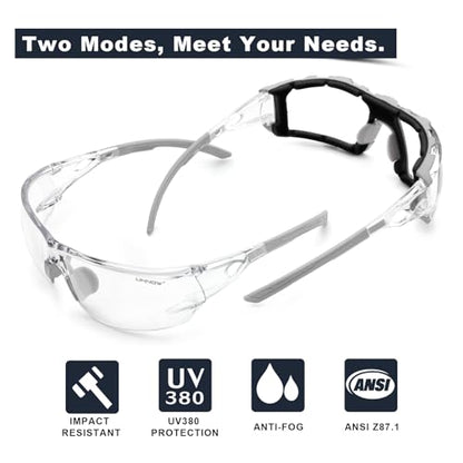 UKNOW Safety Glasses - Anti Fog Wraparound Lenses - Removable Foam Gasket - ANSI Z87.1 Protective Eyewear - Impact Resistant - color: Gray