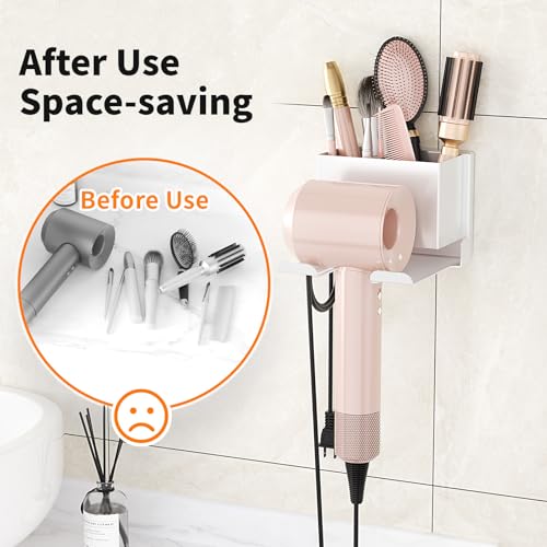 Hair Dryer Holder Wall Mounted, Hair Tools Organizer, Bathroom Space-Saving Blow Dryer Organizer Curling Irons Storage Hair Dryer Comb Attachments White (Self-Adhesive and Drilling) - color: White