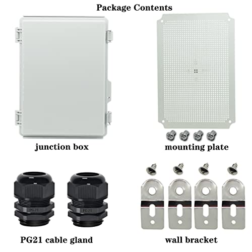 Zulkit Junction Box,IP67 Waterproof Electrical Box Hinged Cover Stainless Steel Buckle Plastic Enclosure for Project w Mounting Plate Wall Bracket and 2 Cable Gland Grey 13.8"x9.8"x5.9"/350x250x150mm - color: Grey Cover, size: 13.8"x9.8"x5.9"